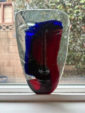 Jaramillo Brothets Hand-Blown Glass Art with Red and Blue Accents 1970s